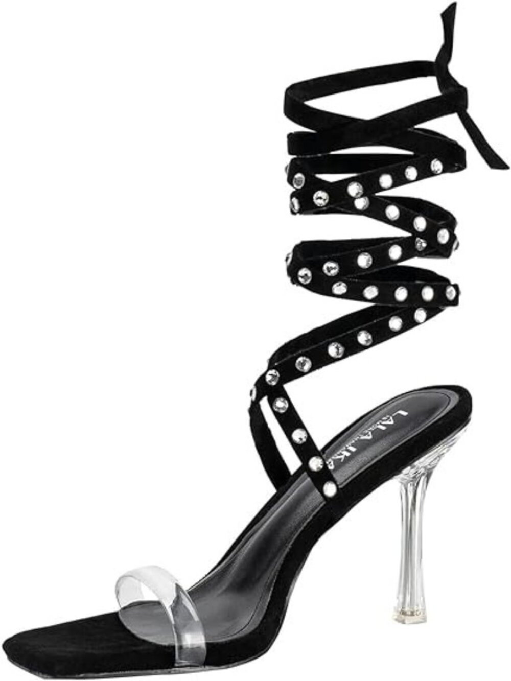 Lala Ikai Size 9 Sandals Heels Clear Strap Square Toe Rhinestone Lace-Up Black
